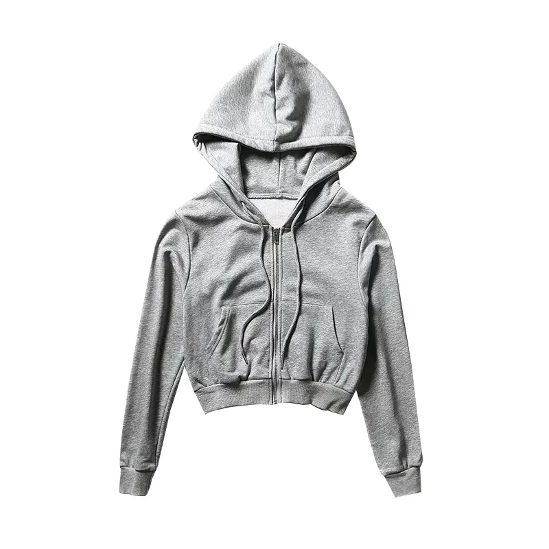 YoungGirlDay Áo cardigan dáng ôm eo phong cách Âu Mỹ, áo len ngắn có mũ trùm đầu màu trơn có khóa kéo