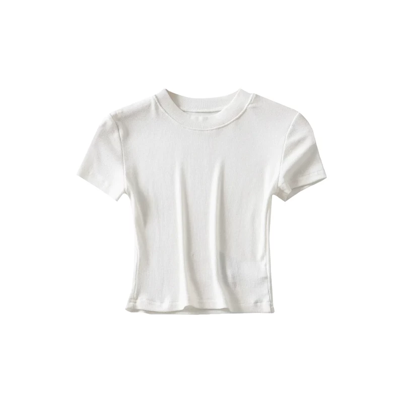 YoungGirlDay Áo thun crop top ngắn cổ tròn phong cách cơ bản châu Âu và Mỹ kiểu cơ bản châu Âu và Mỹ Áo thun ngắn tay ôm sát co giãn