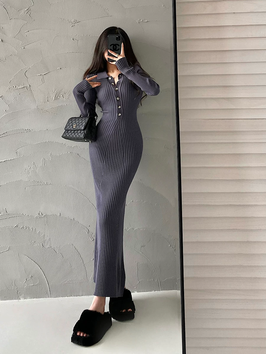 YoungGirlDay phong cách thuần khiết gợi cảm, ôm sát, có ve áo, tay dài, đầm bodycon đuôi cá, váy dài