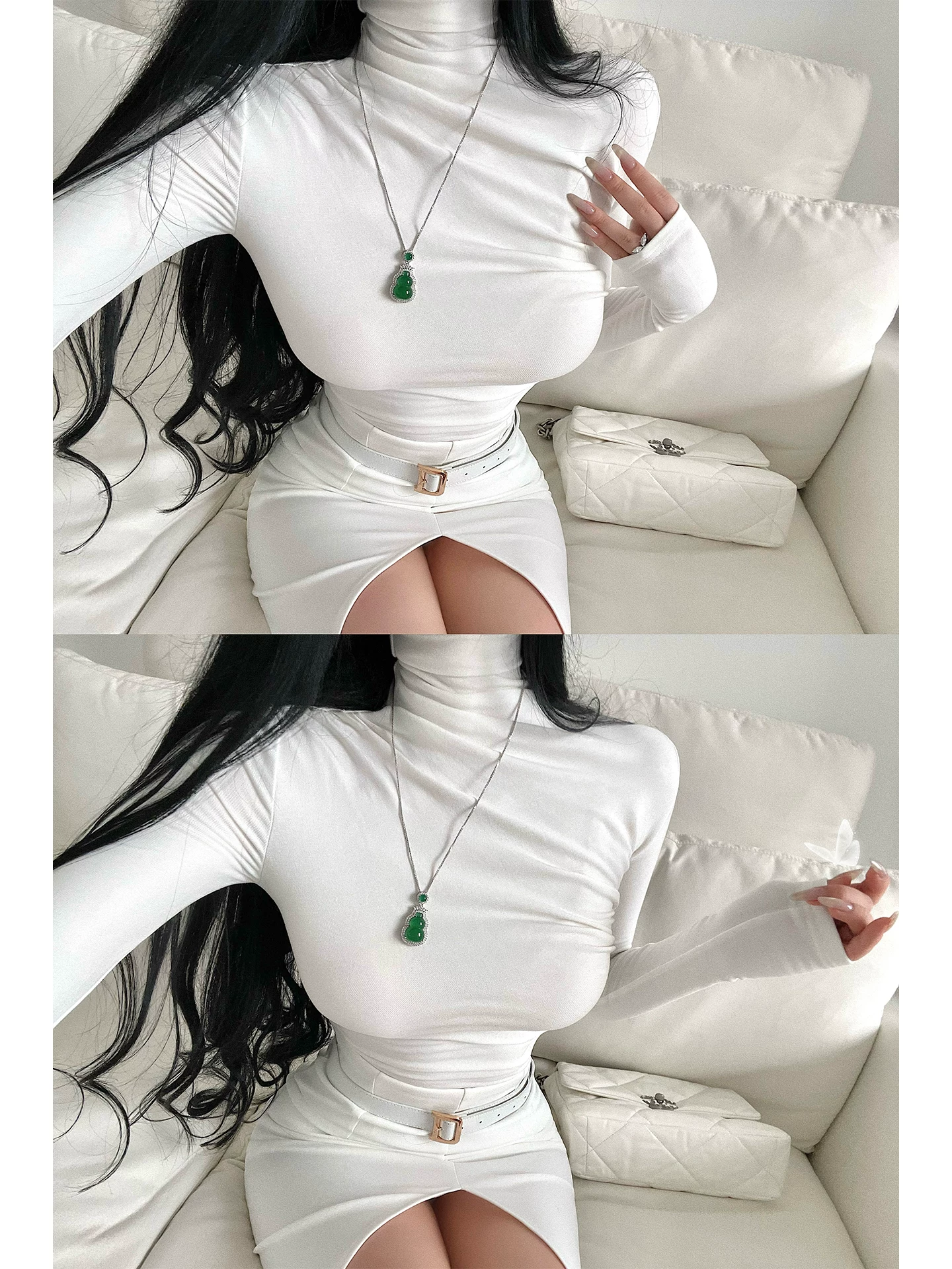 YoungGirlDay Pure Desire Style Cổ cao xếp ly không đều, eo thon gọn, áo thun dài tay bằng vải lông cừu.