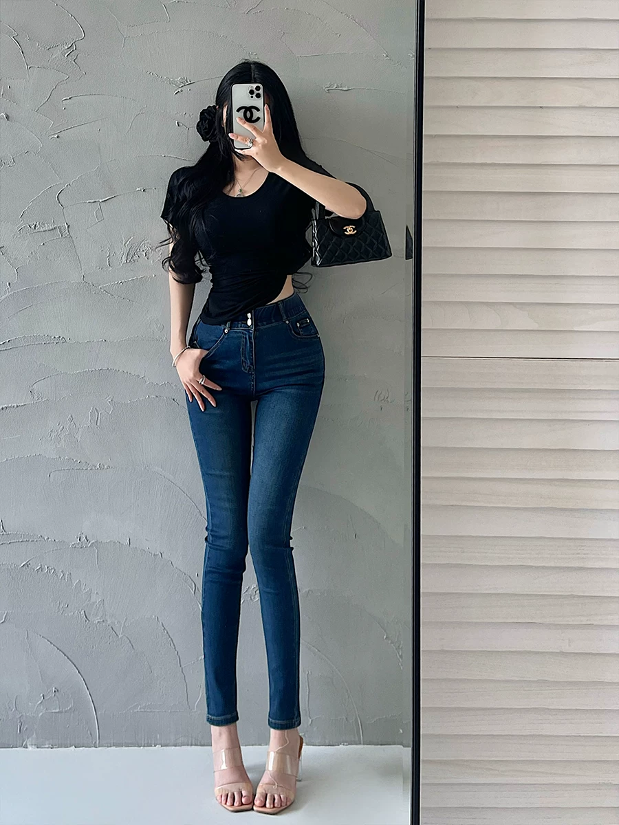 YoungGirlDay Quần jean skinny cạp cao kiểu Hàn Quốc, co giãn, nâng mông, tôn dáng