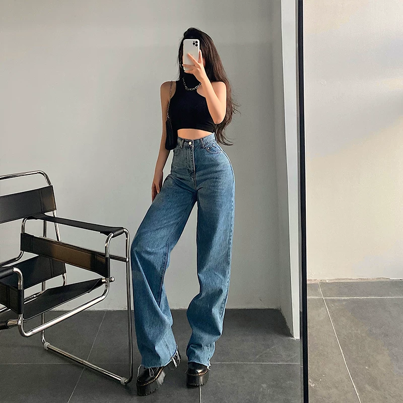 YoungGirlDay 2023 quần jean ống rộng đa năng phong cách châu Âu và Mỹ mới, cạp cao, sờn rách, quần dài đến sàn