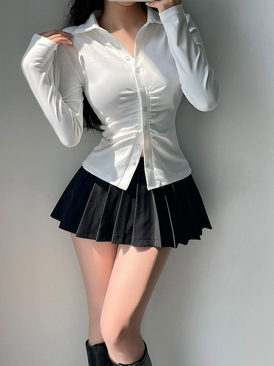 YoungGirlDay Pure Desire sexy lapel áo thun dài tay có cổ, ôm vừa vặn, có dây rút ở eo dành cho nữ.