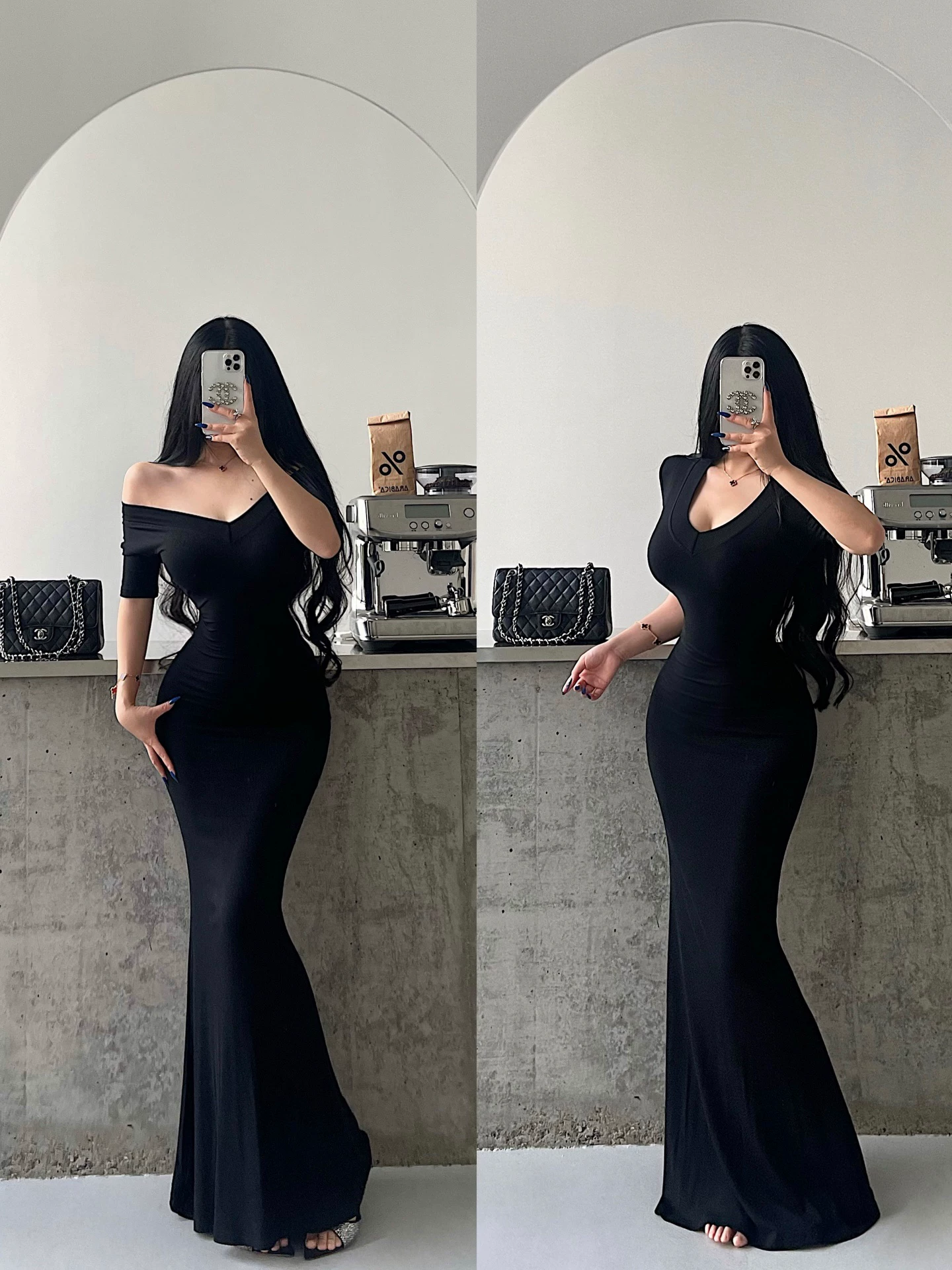 YoungGirlDay Kardashian váy đuôi cá ngắn tay ôm sát eo gợi cảm, cổ chữ V, váy dài chấm sàn