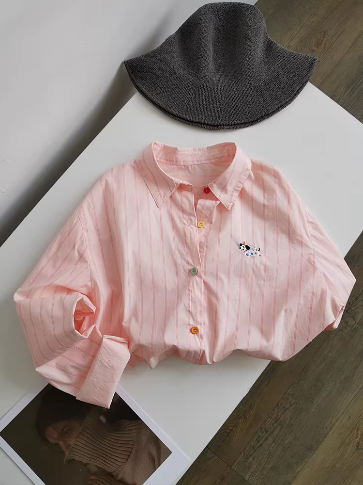 Hương thơm tươi mát ~ Áo sơ mi sọc dọc thêu chấm bi đầy màu sắc dành cho nữ, áo sơ mi dài tay dáng rộng giản dị