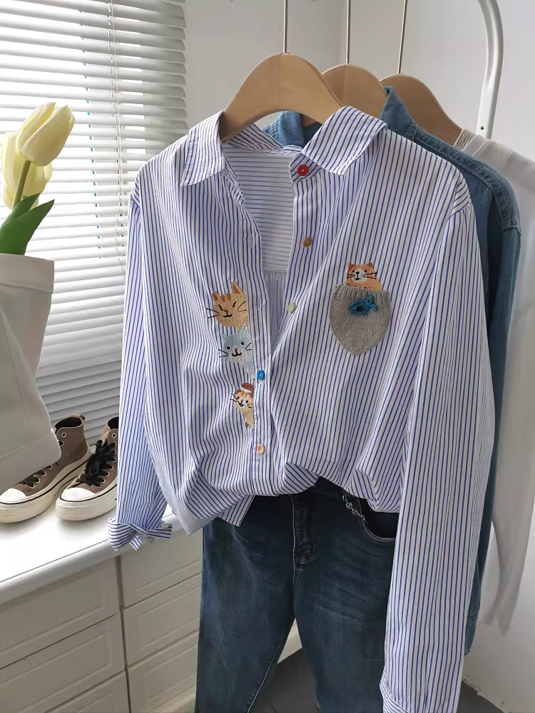 Áo sơ mi trắng cotton dài tay, kiểu Hàn Quốc, phối vải len, thêu họa tiết, xếp lớp, sọc dọc, dáng rộng dành cho nữ