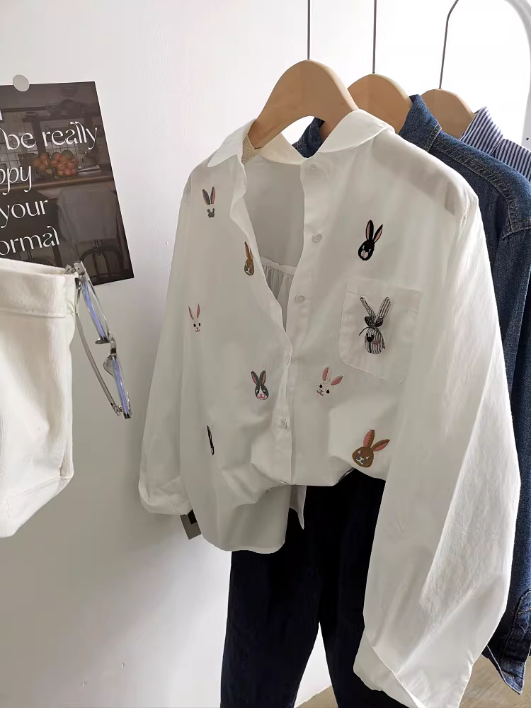 Áo sơ mi thêu trắng dài tay, dáng rộng, trang trí ba chiều, mặc thường ngày cho nữ mùa xuân