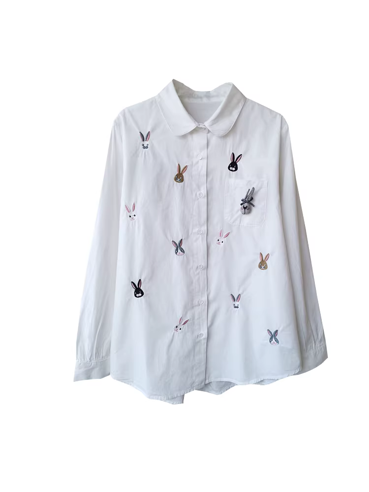 Áo sơ mi thêu trắng dài tay, dáng rộng, trang trí ba chiều, mặc thường ngày cho nữ mùa xuân