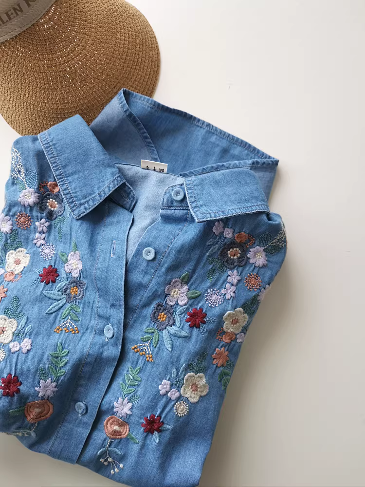 Áo sơ mi nữ dài tay thêu hoa, chất liệu denim xanh nhạt, kiểu dáng Hàn Quốc, đa năng, nhiều lớp