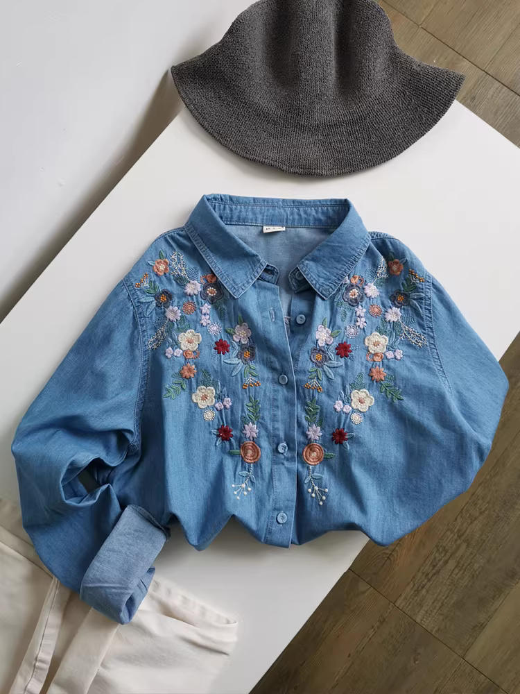 Áo sơ mi nữ dài tay thêu hoa, chất liệu denim xanh nhạt, kiểu dáng Hàn Quốc, đa năng, nhiều lớp