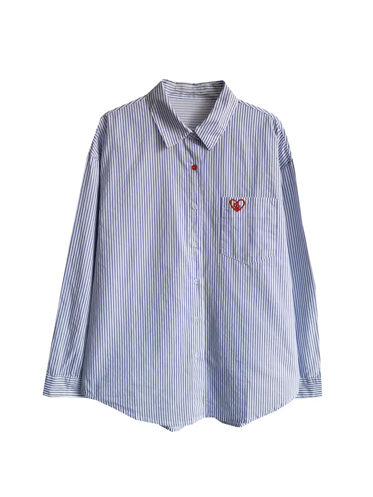 Áo sơ mi sọc xanh dành cho nữ, kiểu dáng cơ bản đa năng, áo thun cotton thêu túi mới xuân 2024