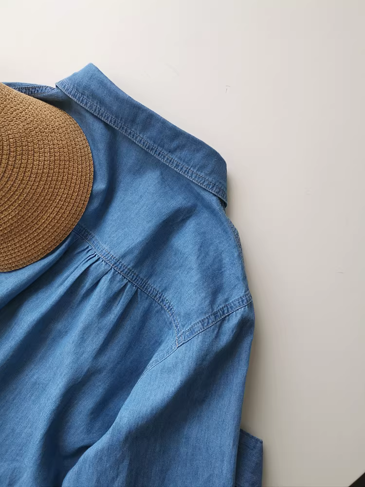 Áo sơ mi nữ dài tay thêu hoa, chất liệu denim xanh nhạt, kiểu dáng Hàn Quốc, đa năng, nhiều lớp