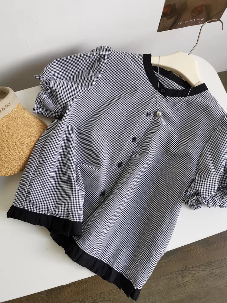 Áo sơ mi xếp ly viền kẻ sọc phong cách Nhật Bản và Hàn Quốc, áo sơ mi ngắn tay cổ tròn nhỏ nhắn thoải mái kiểu cổ điển giảm tuổi tác