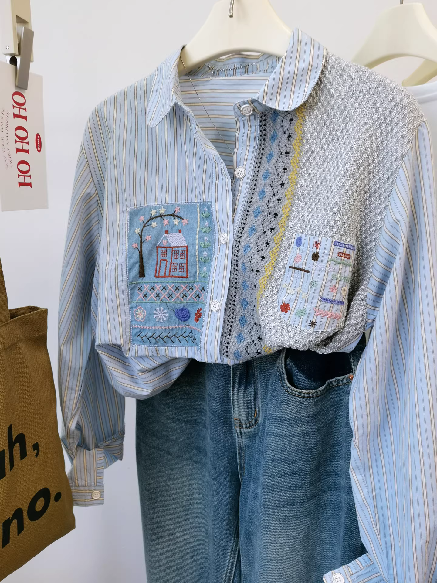 Độc đáo~ Áo khoác ngoài dài tay dáng rộng giả hai mảnh thêu hình cây sao denim phối sọc dọc