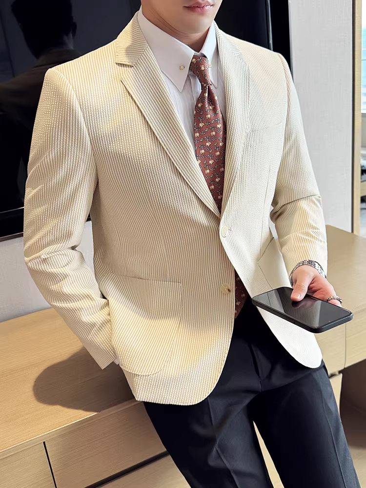 Áo blazer kẻ sọc seersucker dành cho nam, chất liệu nhẹ, thích hợp cho mùa xuân và mùa hè, phong cách công sở lịch sự, đa năng, thời trang, kiểu dáng ôm sát, phong cách Anh quốc.