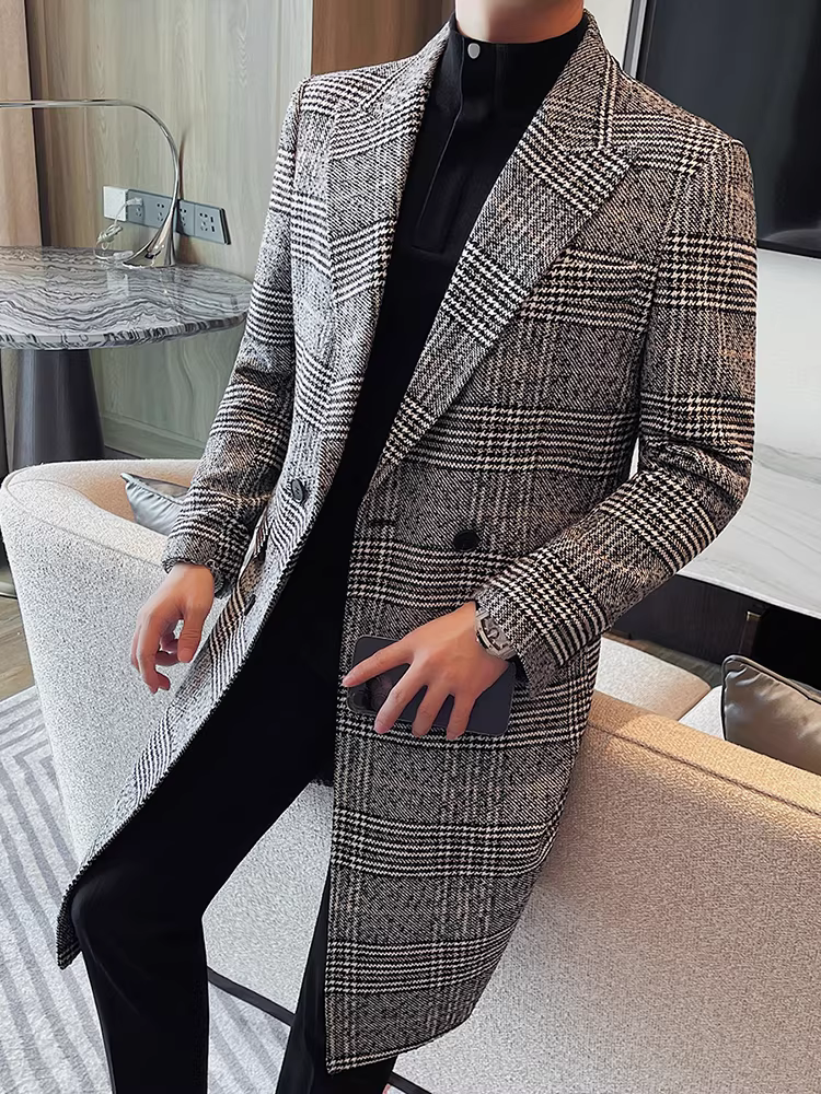 Áo khoác len Houndstooth dành cho nam, dài vừa phải, kiểu dáng thu đông mới, hợp thời trang, cao cấp, áo khoác dài dáng rộng cài khuy đôi.