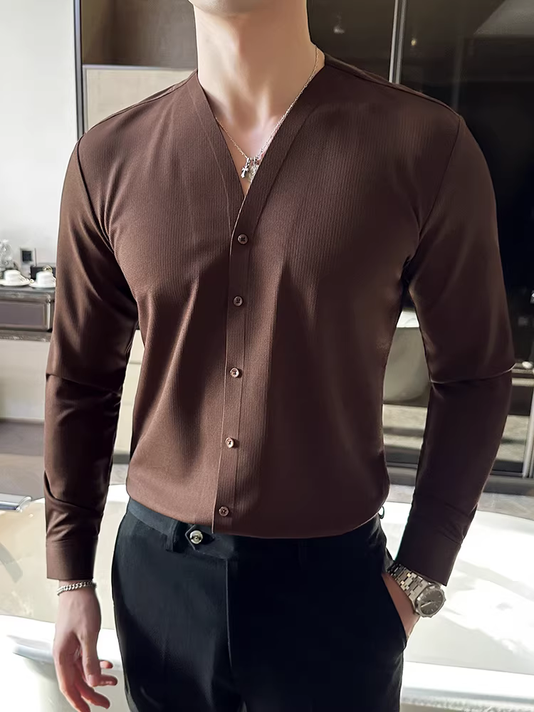 Áo sơ mi nam cao cấp chất liệu vải waffle dệt kim, cổ V, tay dài, kiểu dáng lịch sự, ôm body, không đường may, cổ áo không viền.