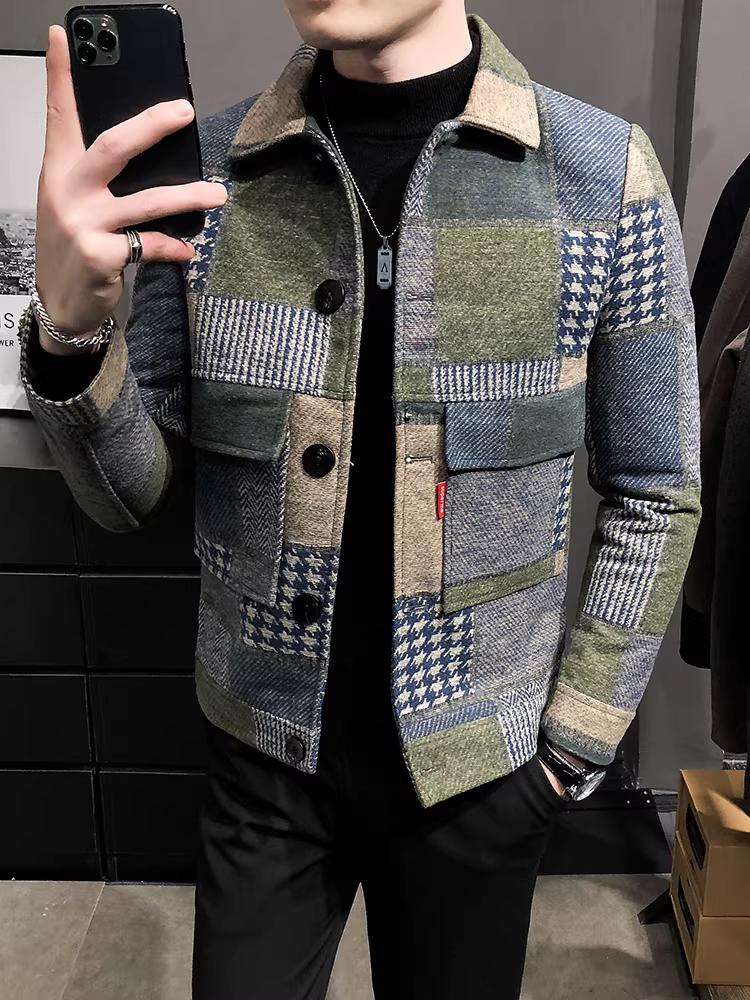Áo khoác len nam mùa thu đông, phong cách Anh quốc cao cấp, cổ áo thời trang, dáng ôm, áo khoác len ngắn nam