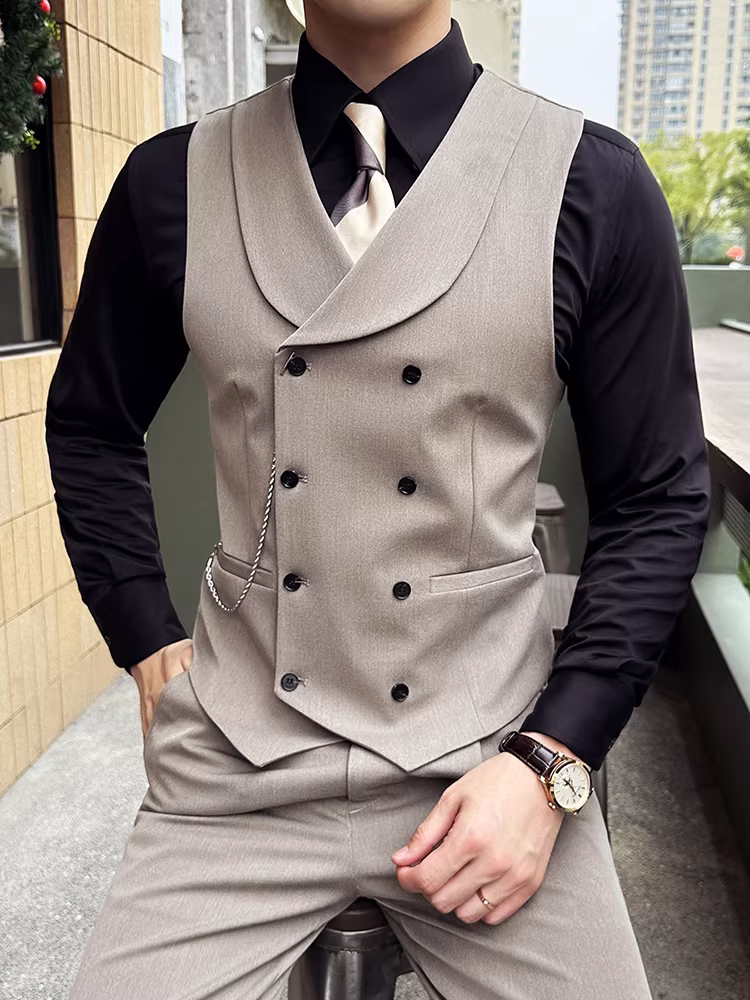 Áo vest nam kiểu Anh, dáng vest hai hàng khuy, phong cách công sở lịch lãm, thời trang cao cấp, ôm dáng, áo vest phù rể đám cưới
