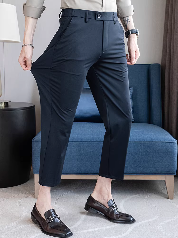 Quần âu nam mùa hè 2025 kiểu mới chất liệu tơ tằm dâu tằm, co giãn cao, thoáng mát, mát lạnh, lưng thun, kiểu dáng lịch sự.