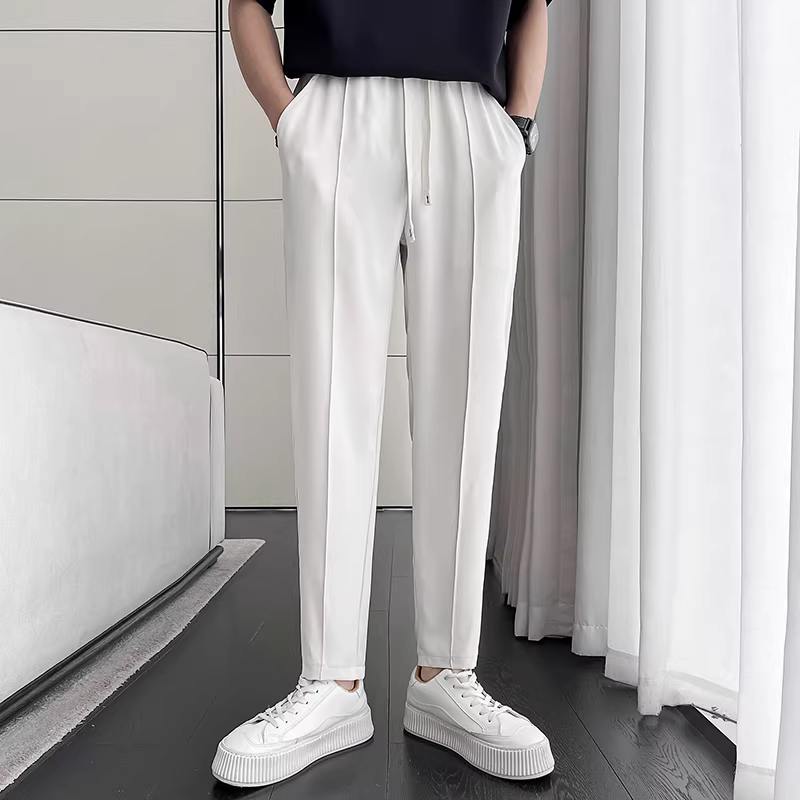 Quần âu nam mùa hè, mỏng, cao cấp, chất liệu lụa đá, thoáng khí, thời trang, dáng rộng, ống thẳng, kiểu dáng lịch lãm.