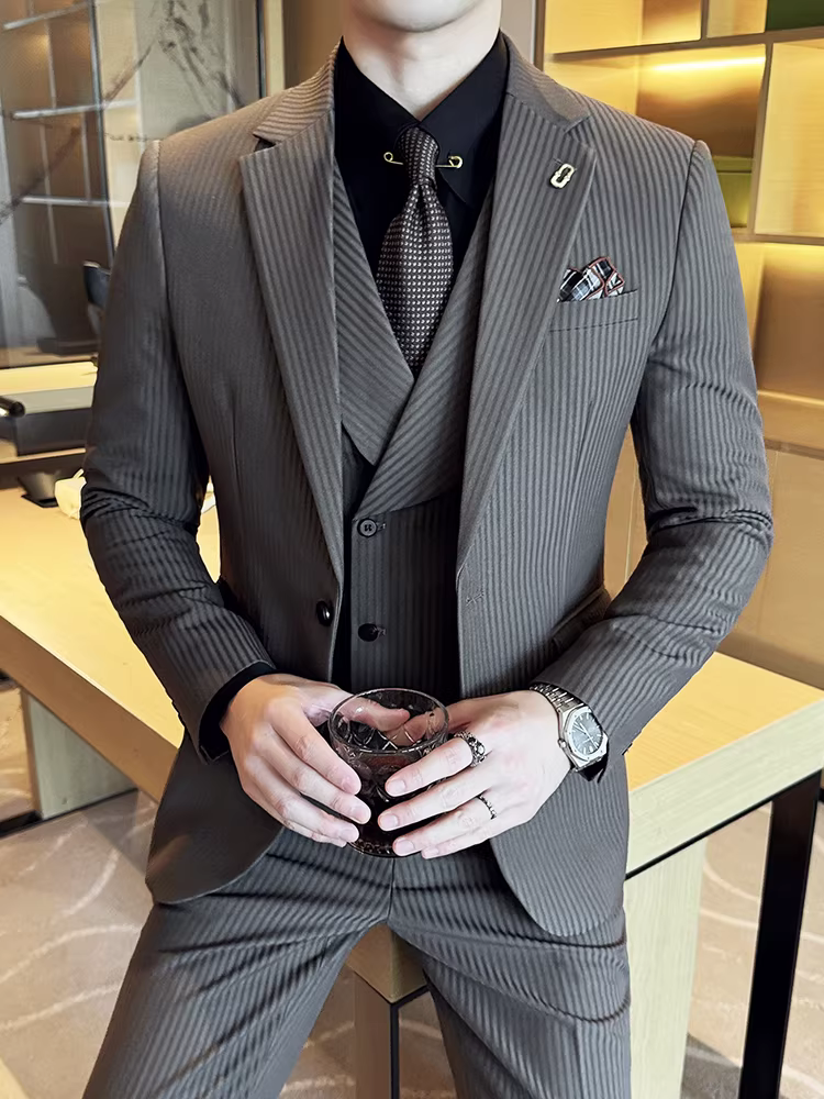 Bộ vest nam cao cấp kẻ sọc, phong cách công sở lịch lãm Hàn Quốc, dáng ôm, thời trang, đa năng, phù hợp cho chú rể, đám cưới