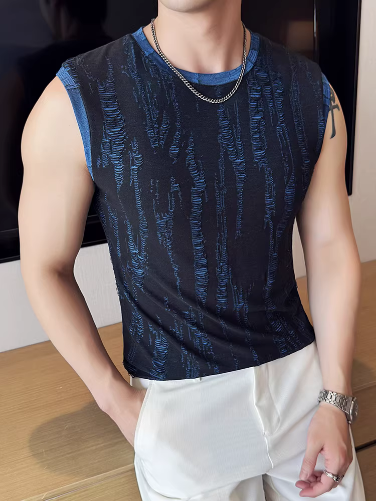 Áo gile nam không tay cổ tròn thiết kế rách cá tính, thời trang hè 2025 đa năng