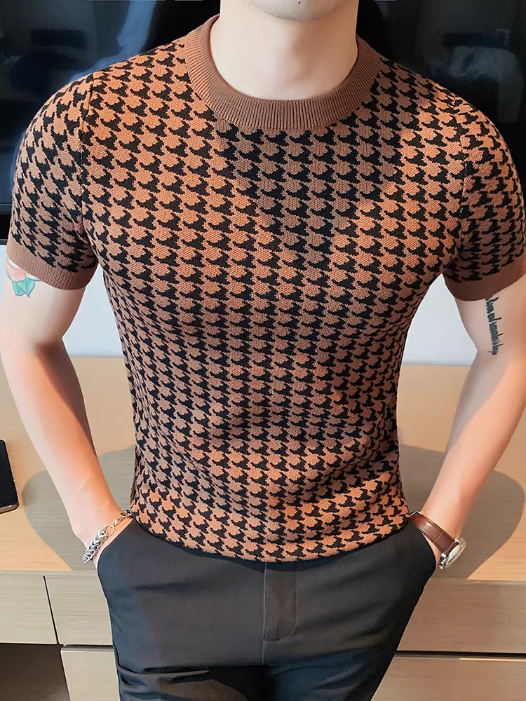 Áo len cổ tròn họa tiết răng cưa dành cho nam, kiểu dáng Anh quốc mùa thu, ôm body, cao cấp, áo thun ngắn tay dệt kim, lớp áo lót