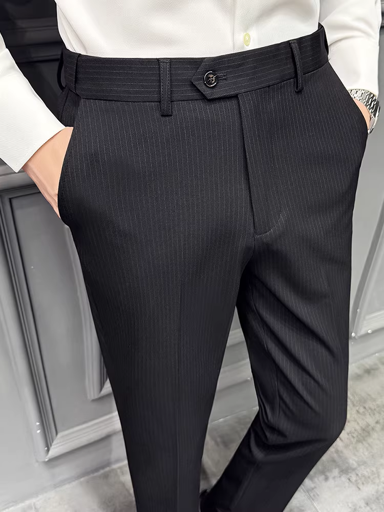 Quần âu nam lưng thun thu đông 2025 thời trang mới kiểu dáng hiện đại sọc kẻ ôm dáng ống côn quần vest công sở