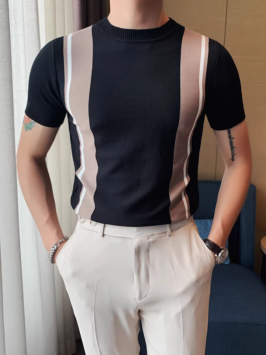 Áo thun nam tay ngắn dệt kim mỏng như băng mùa hè, kiểu Hàn Quốc thời trang ôm dáng co giãn sọc phối màu
