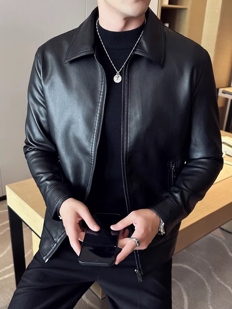 Áo khoác da có cổ dày dặn, lót bông dành cho nam, sang trọng, phong cách, ấm áp, thời trang, lịch sự, áo khoác da PU dành cho doanh nhân, kiểu dáng lịch sự.