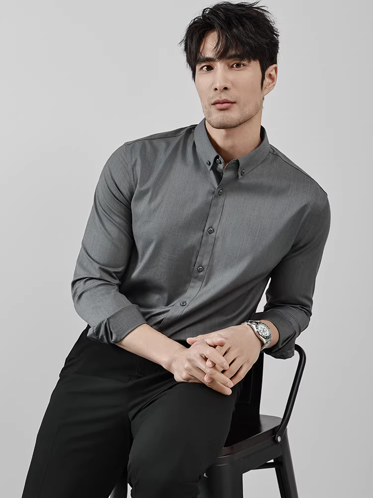 Áo sơ mi chất liệu sợi tre dành cho nam, tay dài, trang phục công sở cao cấp, đa năng, trưởng thành, ổn định, phong cách trưởng thành nhẹ nhàng, áo lót lông cừu