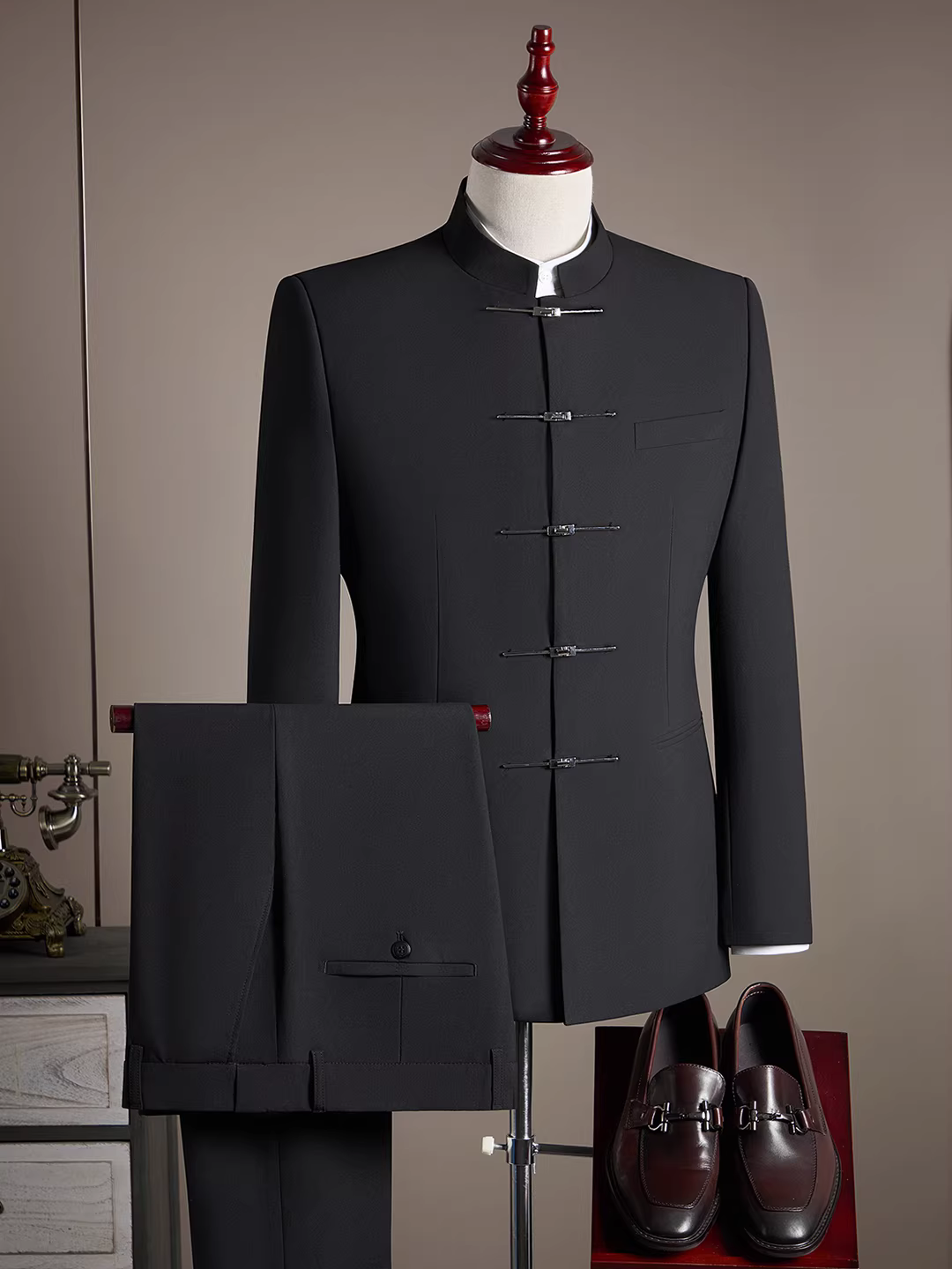 Bộ vest nam kiểu Trung Hoa mới, cổ mandarin, cài khuy, kiểu Trung Sơn, kiểu Tang