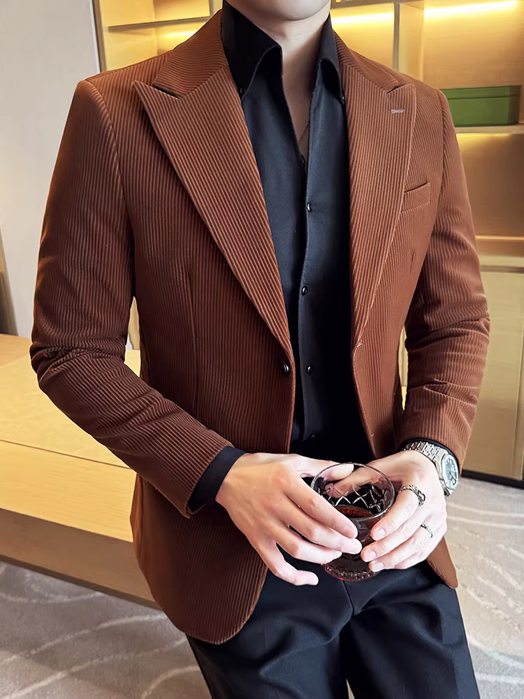 Áo blazer kẻ sọc chất liệu corduroy dành cho nam, kiểu dáng mới mùa thu 2025, cao cấp, ôm dáng, lịch sự, dễ chăm sóc.