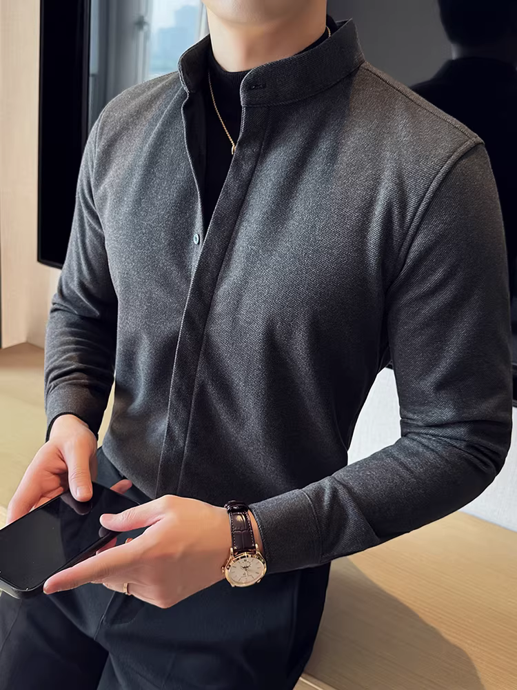 Áo sơ mi len cổ đứng giả hai mảnh dành cho nam, dài tay, dày dặn cho mùa thu đông, ấm áp, áo sơ mi len công sở cao cấp.