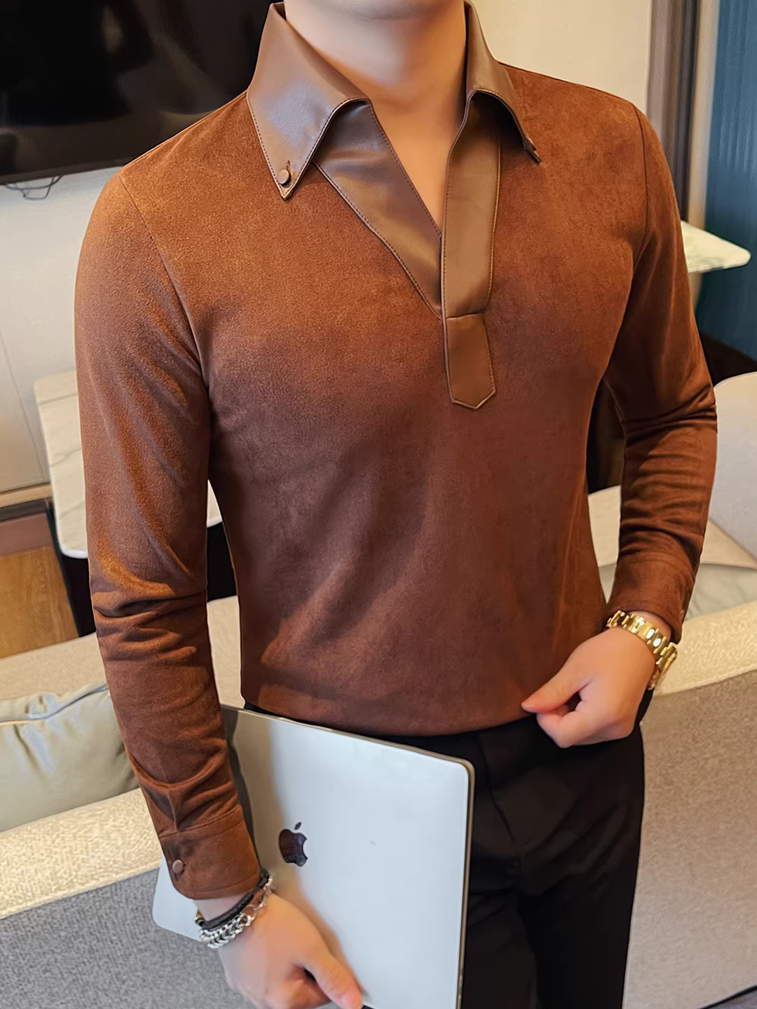 Áo sơ mi da phối chất liệu cổ áo da lộn, áo thun nam dài tay mùa thu đông dày dặn thời trang ôm dáng cao cấp