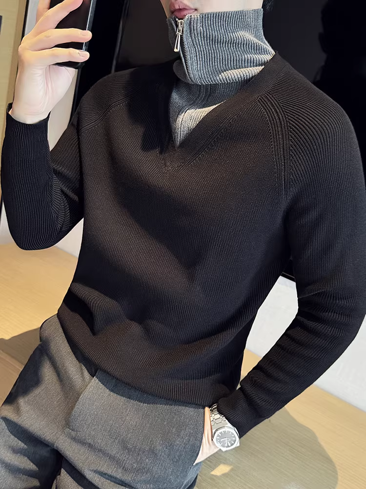 Áo len nam hai mảnh thời trang, nửa khóa kéo, tay dài, kiểu dáng ôm body, chất liệu dệt kim, mẫu mới mùa đông 2024