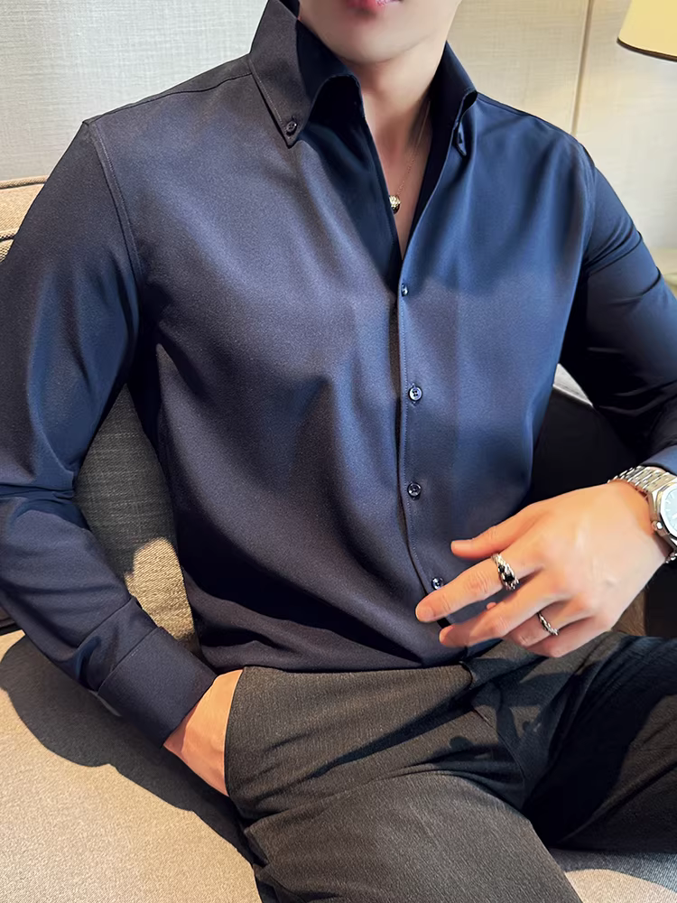 Áo sơ mi nam cổ V, tay dài, cao cấp, phong cách business casual, đa năng, hợp thời trang, kiểu dáng thời thượng, màu trắng hơi rộng, có khuy măng sét.