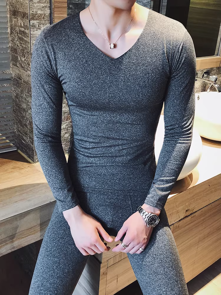 Bộ đồ lót giữ nhiệt mùa đông cho nam, cổ chữ V, mỏng, lót lông cừu, áo và quần giữ nhiệt bằng nhung Đức dành cho nam, bó sát, liền mạch, tự sưởi ấm.