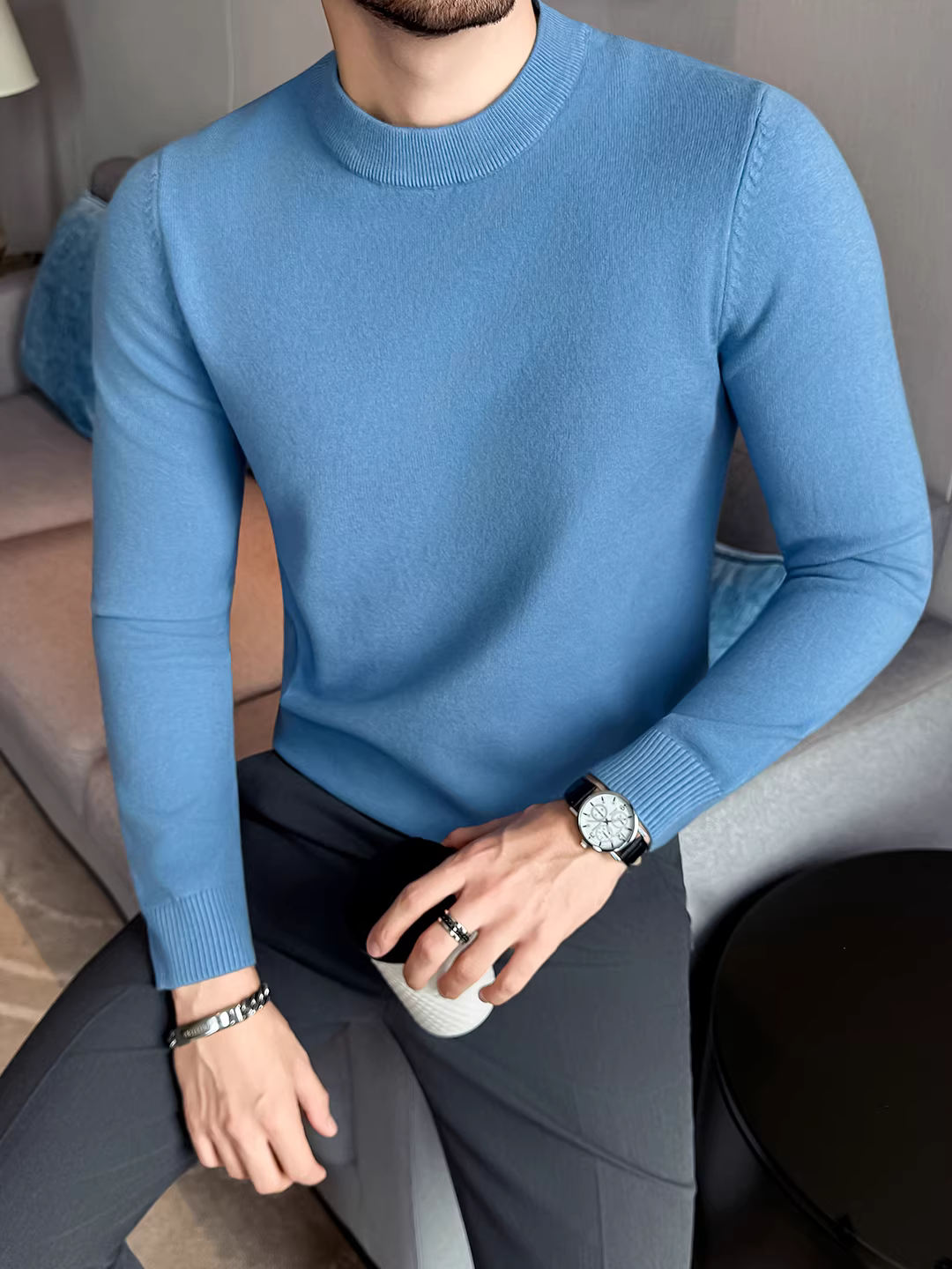Áo len cổ tròn chất liệu giống len cao cấp dành cho nam, dài tay, dày dặn cho mùa thu đông, kiểu dáng ôm body thời trang.