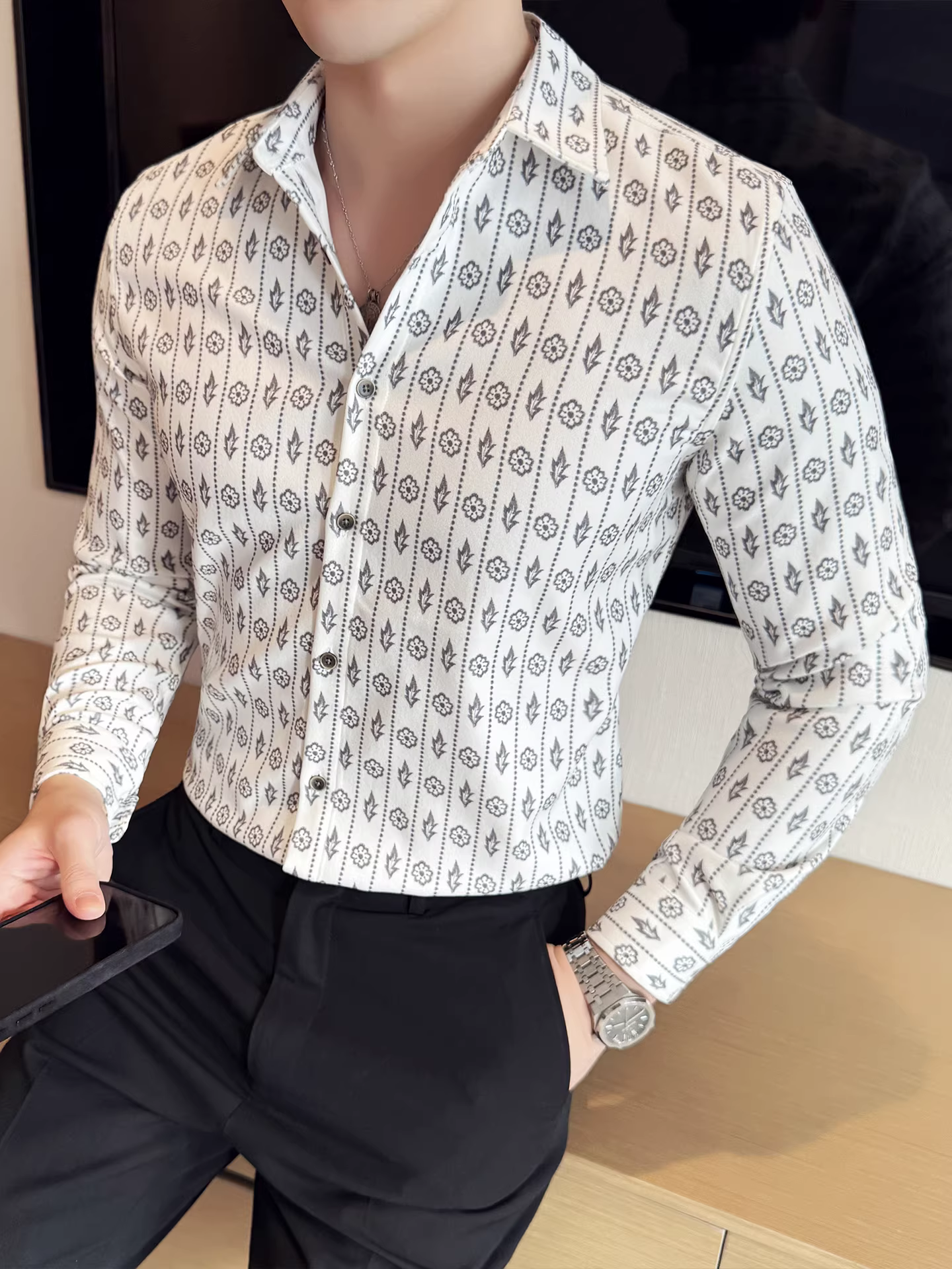 Áo sơ mi nam da lộn dày in họa tiết thu đông, dài tay, thời trang, ôm dáng, đẹp trai, chất lượng cao, dễ chăm sóc