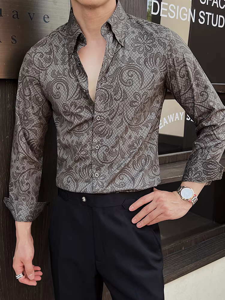 Áo sơ mi hoa đẹp trai cho nam, dài tay, phong cách mùa thu mới, thời trang và hợp thời trang, phong cách công sở giản dị, đa năng, áo sơ mi dáng rộng cho giới trẻ.