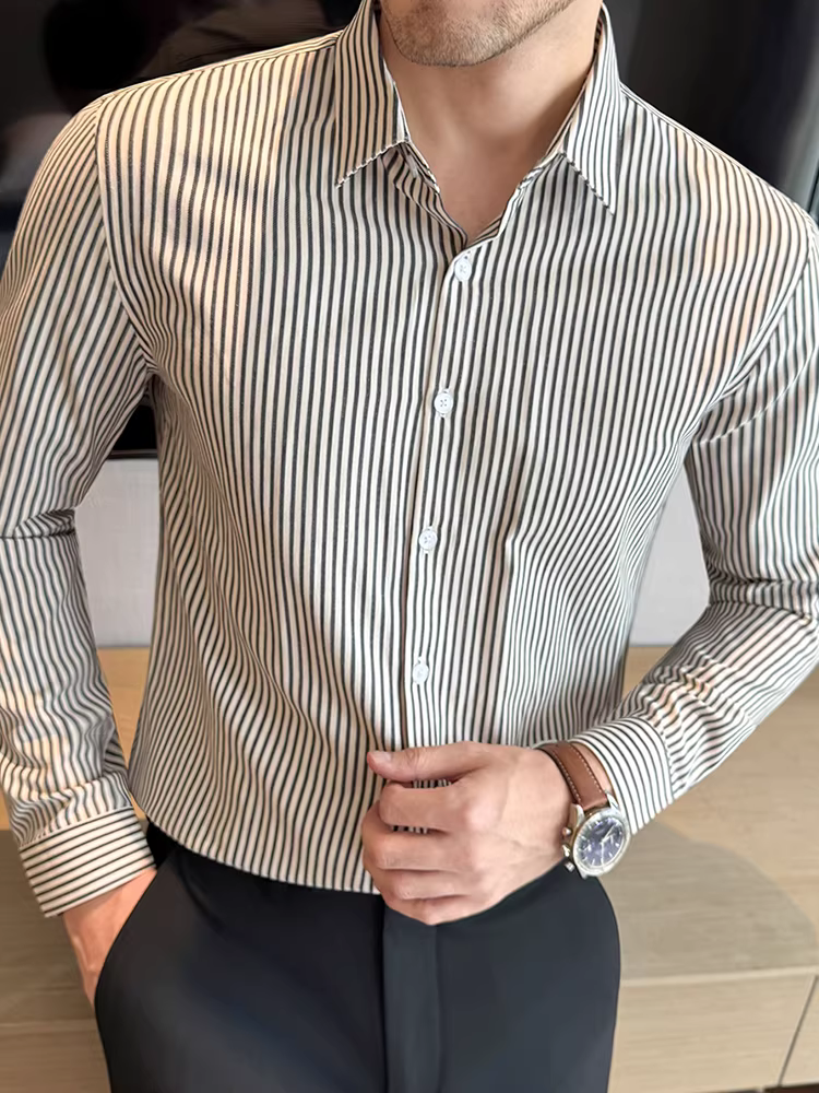 Áo sơ mi nam sọc nhuộm sợi, tay dài, kiểu mới thu đông 2025, phong cách thường ngày, đa năng, ôm dáng, lịch sự, không nhăn, dễ chăm sóc
