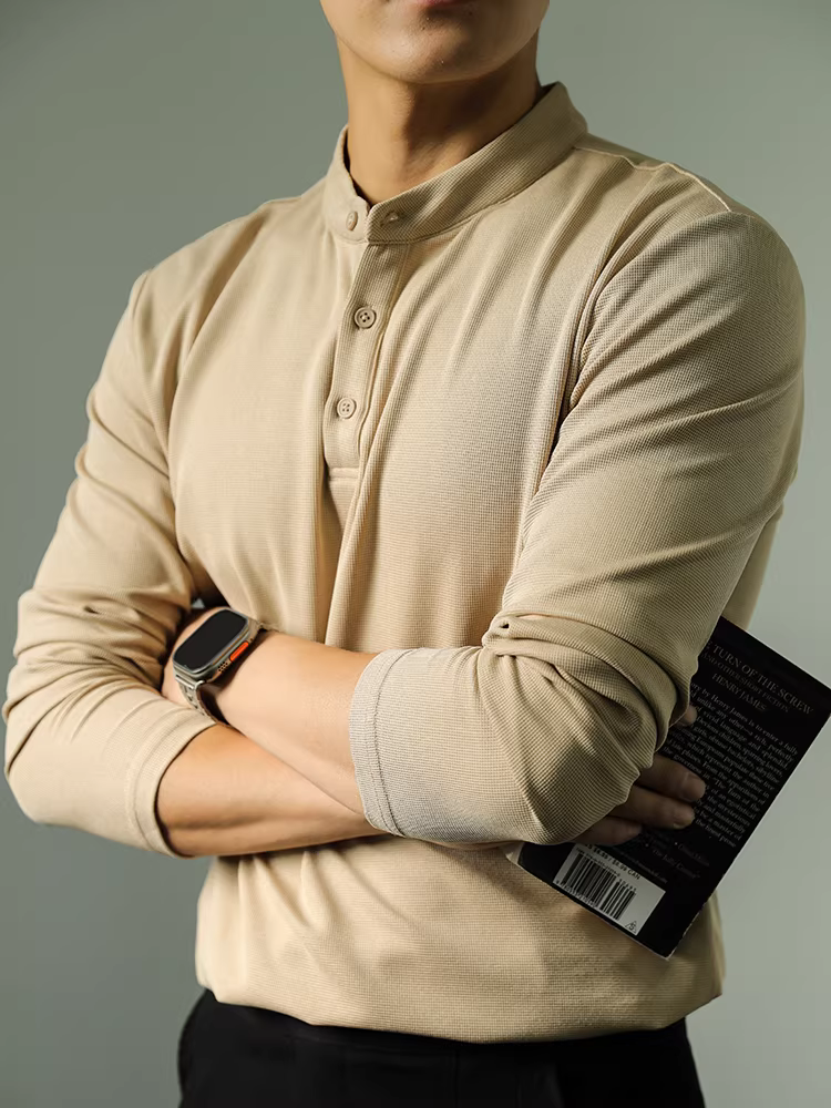 Áo thun cổ Henry dành cho nam, dài tay, mùa thu đông, phong cách công sở cao cấp, đa năng, màu trơn, áo polo kiểu Trung Quốc mới.