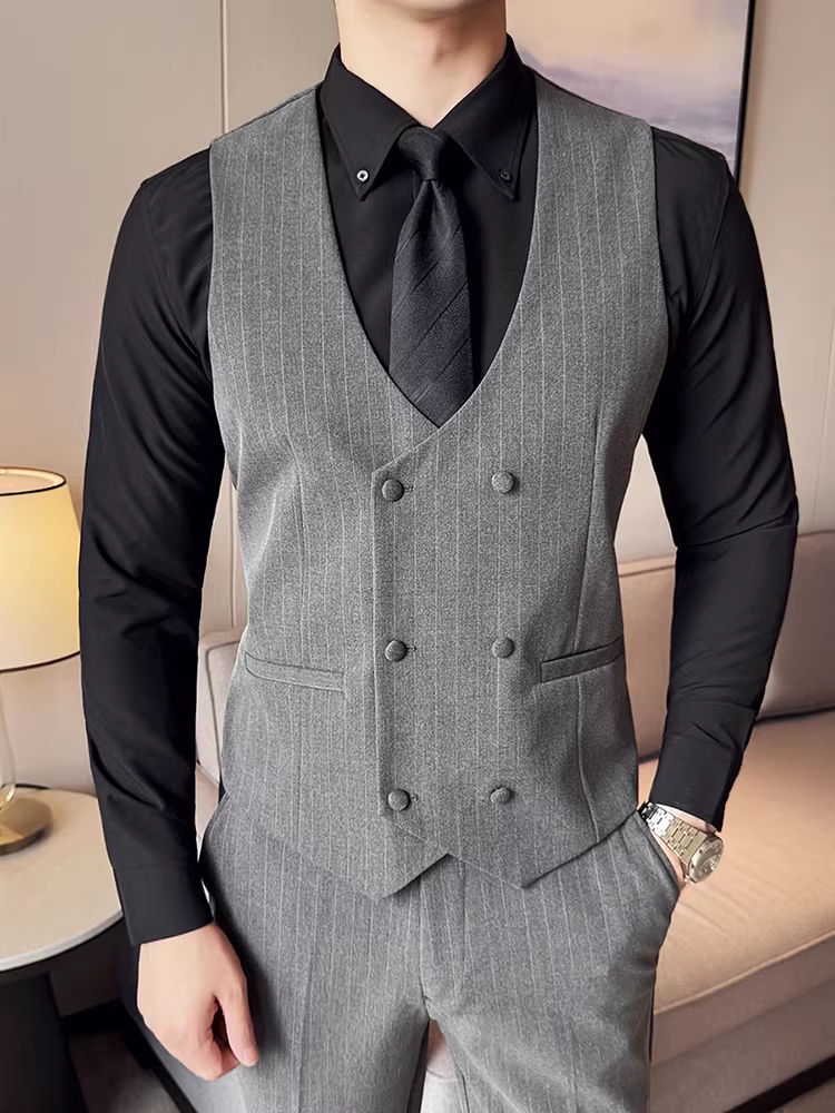 Bộ vest sọc hai hàng khuy dành cho nam, phong cách công sở giản dị, thời trang cao cấp, dáng ôm, vest phù rể đám cưới.