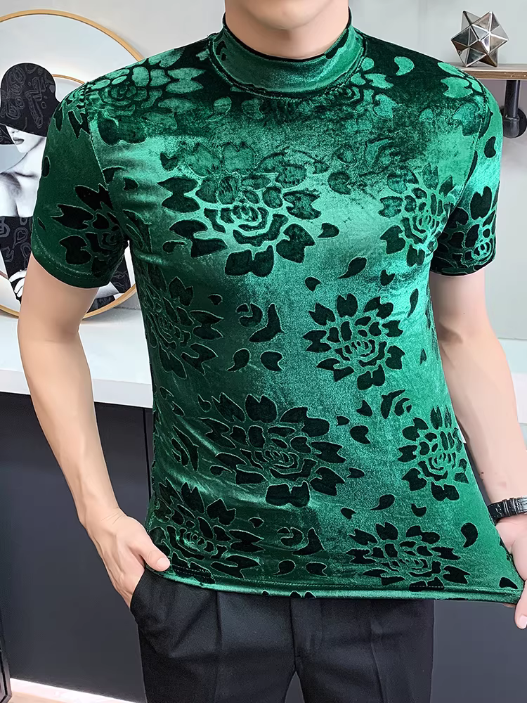 Áo thun nam cổ tròn tay ngắn chất liệu nhung, thời trang thu đông 2025, kiểu dáng ôm body, co giãn, cao cấp