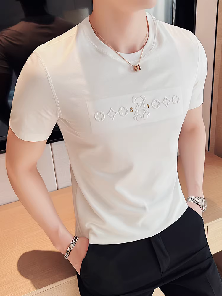 Áo thun nam cao cấp chất liệu lụa đá, tay ngắn, kiểu dáng mỏng nhẹ mùa hè, liền mạch, ôm dáng, co giãn, đa năng, mát mẻ, thoáng khí, in họa tiết.