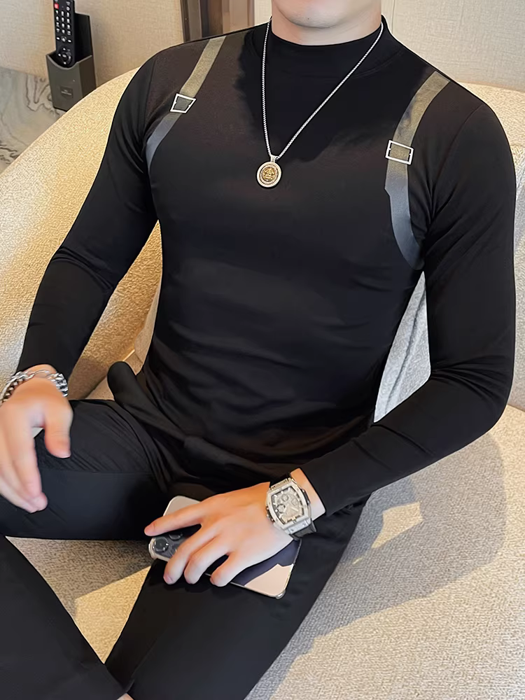 Áo thun dài tay cổ cao in hình dành cho nam, áo sơ mi cổ trung bình dáng ôm vừa vặn, phong cách đa năng, mới mùa thu đông