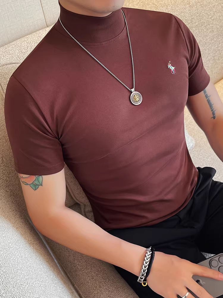 Áo thun nam cổ lọ nửa cao tay ngắn, kiểu mới thu đông 2025, thời trang cao cấp, ôm dáng, áo lót cổ trung.