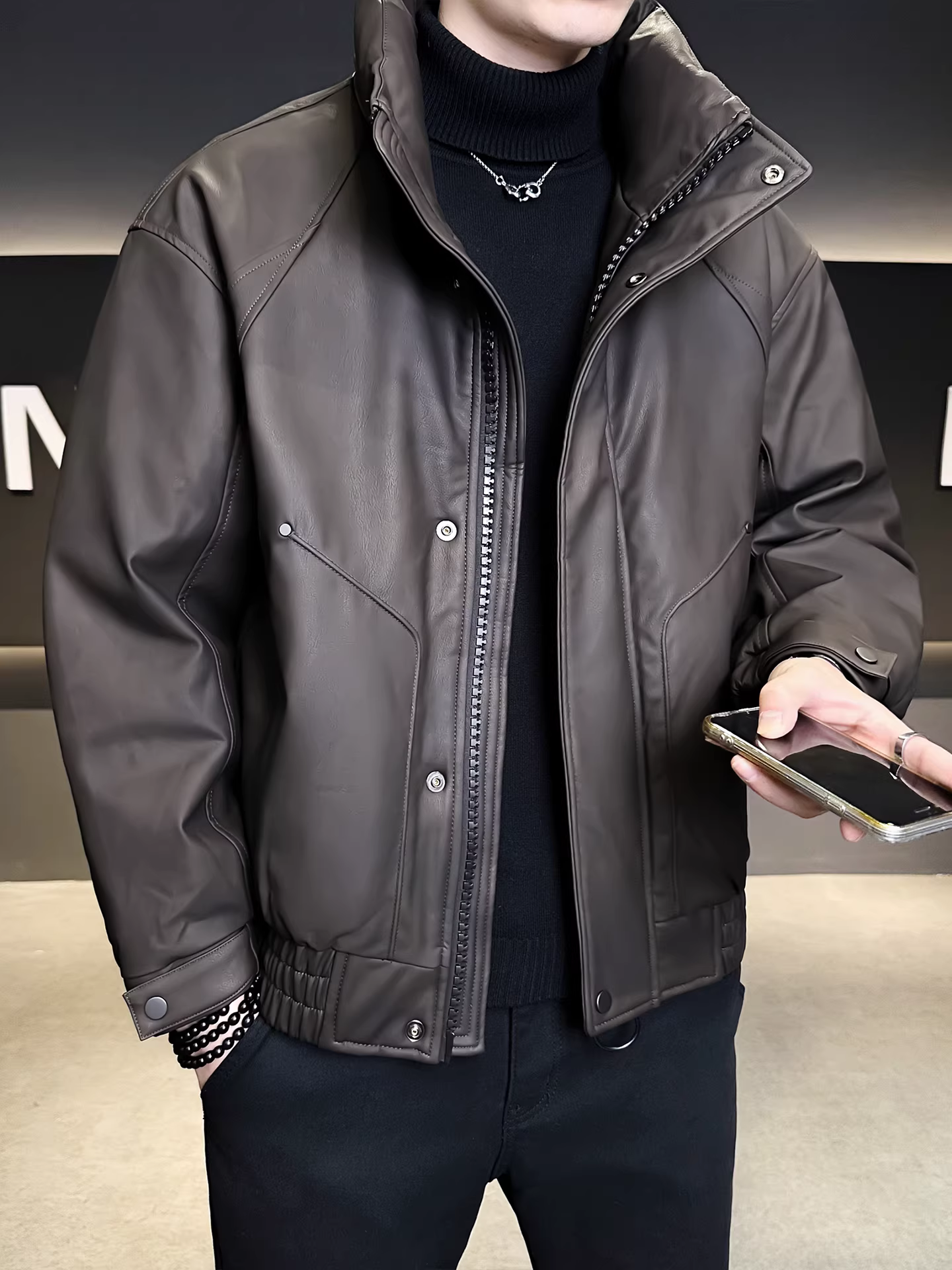 Áo khoác da nam cao cấp 90% da thật, kiểu dáng mới mùa đông 2025, kiểu dáng đa năng, áo khoác da dày kiểu moto.